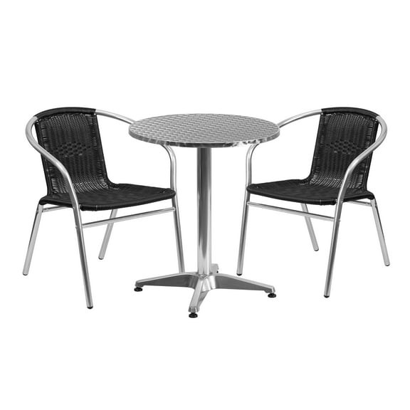 Flash Furniture 23.5'' Round Aluminum Indoor-Outdoor Table Set with 2 Black Rattan Chairs
