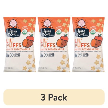 (3 pack) LesserEvil Lil' Puffs Organic Sweet Potato Apple Toddler Snacks, 2.5 oz