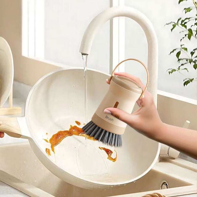 Cepillo para ollas dispensador de líquidos de cocina | Limpiador de botón de presión | Cepillo de fregar multifuncional para lavar platos encimeras de dormitorios | Cerdas duraderas | Recargable