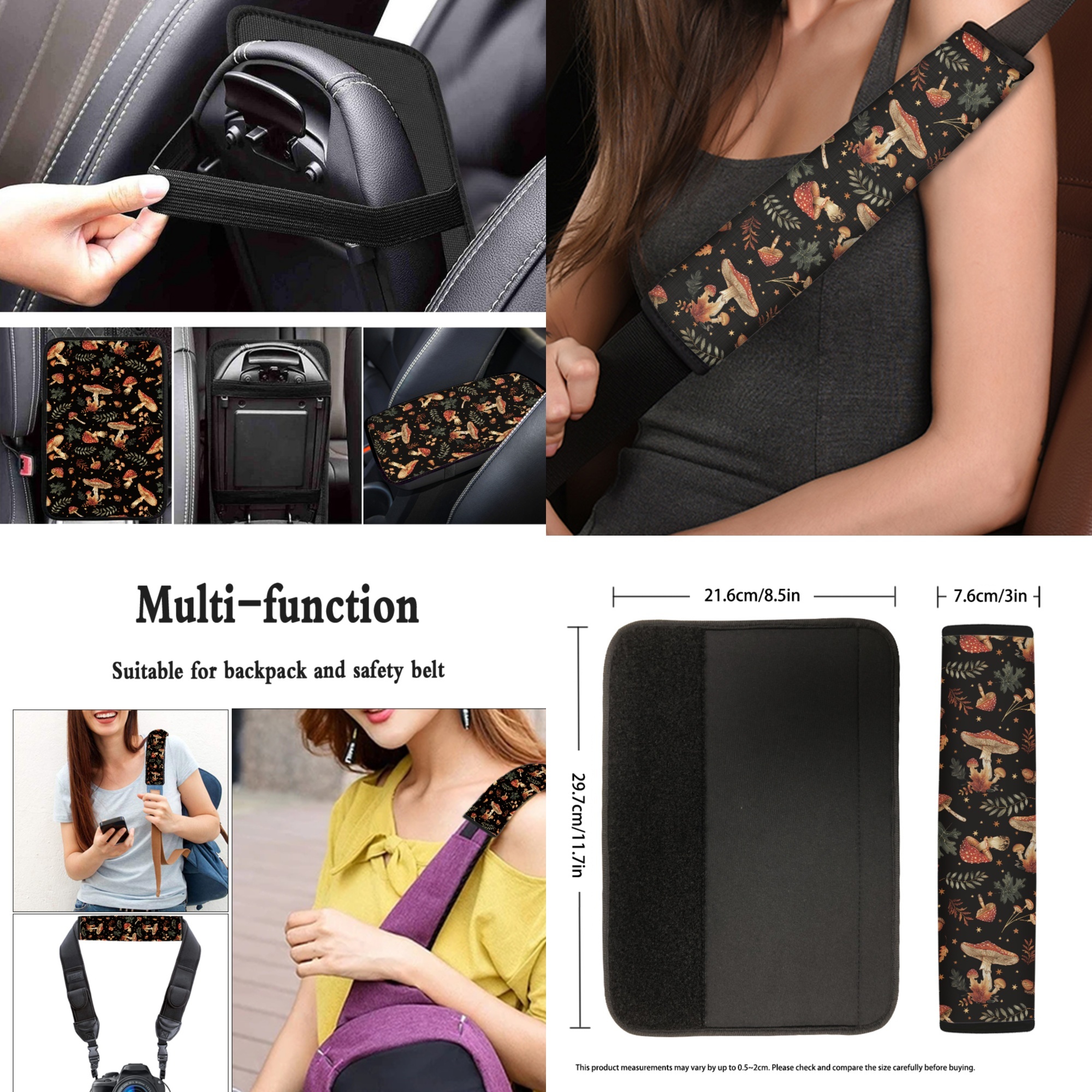 Jeiento Aesthetic Mushroom Car Seat Cover Set of 13 Steering Wheel Cover Seat Belt Pad Car Coaster Armrest Cover Lip Gloss Bag Keychain for Truck Sedan Auto Accessories