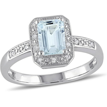 1 Carat T.G.W. Emerald-Cut Aquamarine and Diamond-Accent Sterling Silver Halo Ring