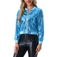 thumbnail image 1 of Chaqueta bomber de mujer INSPIRE CHIC con lentejuelas, cierre de cremallera y bolsillos ocultos, talla XS, azul cielo, 1 of 6