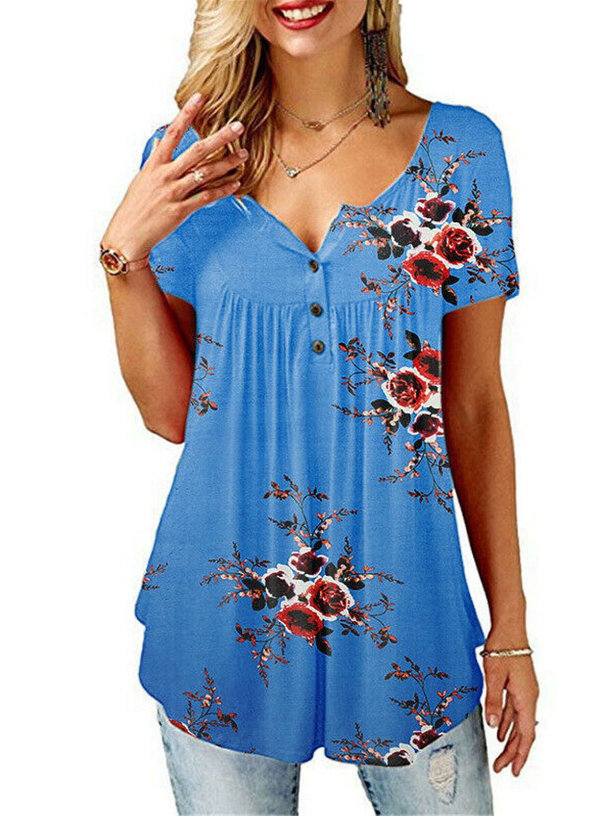 Frobukio Womens Summer Floral V Neck Blouses Loose Baggy Tops Tunic T ...