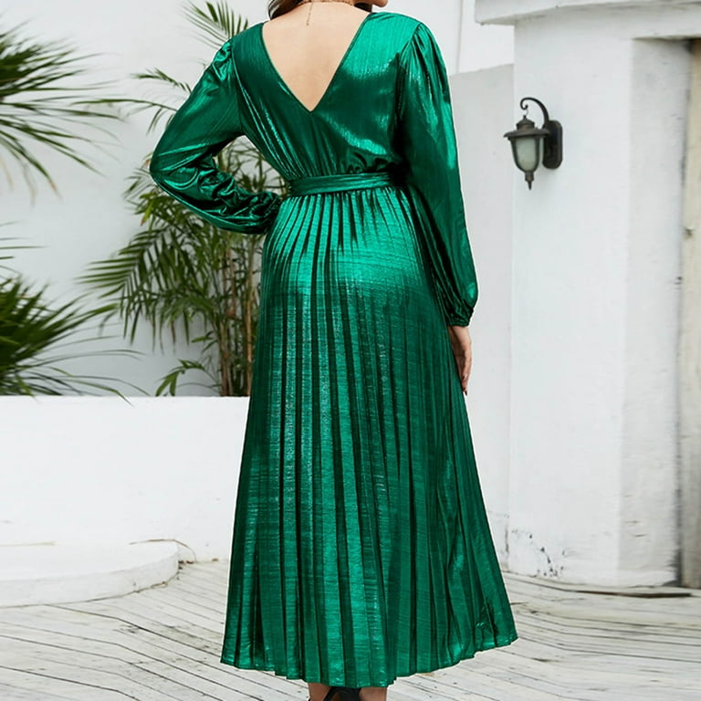 safuny Women's Tea Length Straight Dress Silk Solid Satin Pleated Trendy Dresses  Long Sleeve Elegant Cocktail Wedding Evening Party Holiday Green XXL