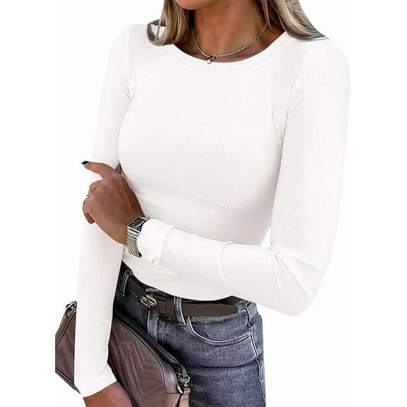 PRETTYGARDEN Women Summer Long Sleeve Shirts Ribbed Knit Crewneck Fitted Basic Tee Going Out Tops Casual Workout Outfits