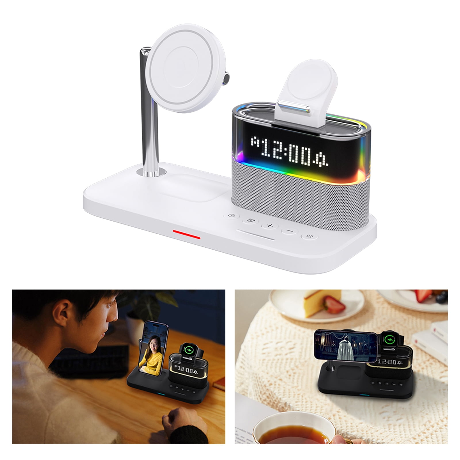 4 in 1 Wireless Charging Station Alarm Clock, Charging Dock for Apple Devices, Charger Stand for iPhone 16 15 14 13 12 11 Pro Max for Apple Watch & AirPods