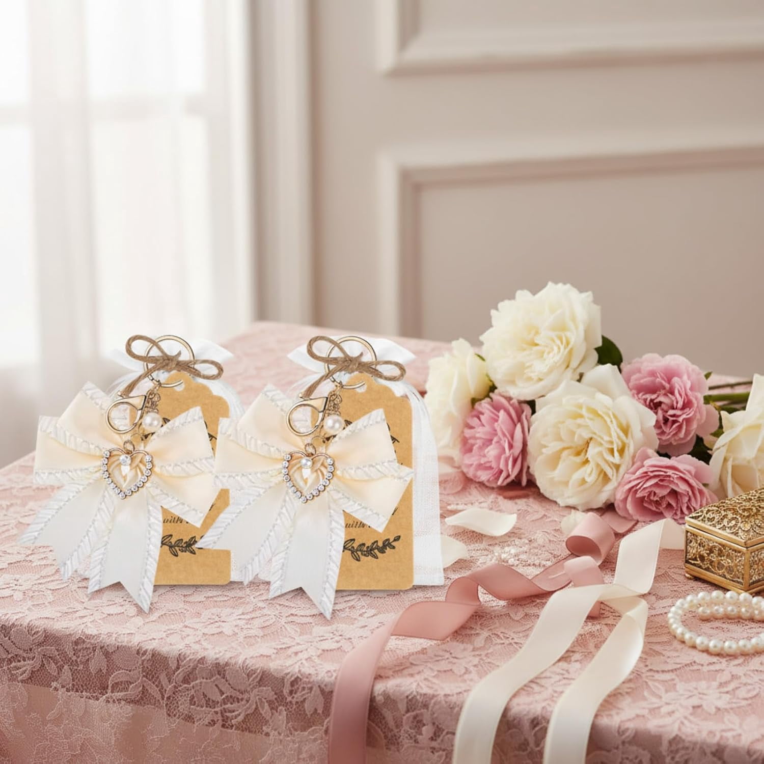 20 Set Pearl Bow Keychain Party Favor Bulk Steel Keyring Charm Accessories Souvenir Present Kraft Tag Organza Bag for Guest Baptism Bridal Shower Valentine Coquette Wedding Gift(White)
