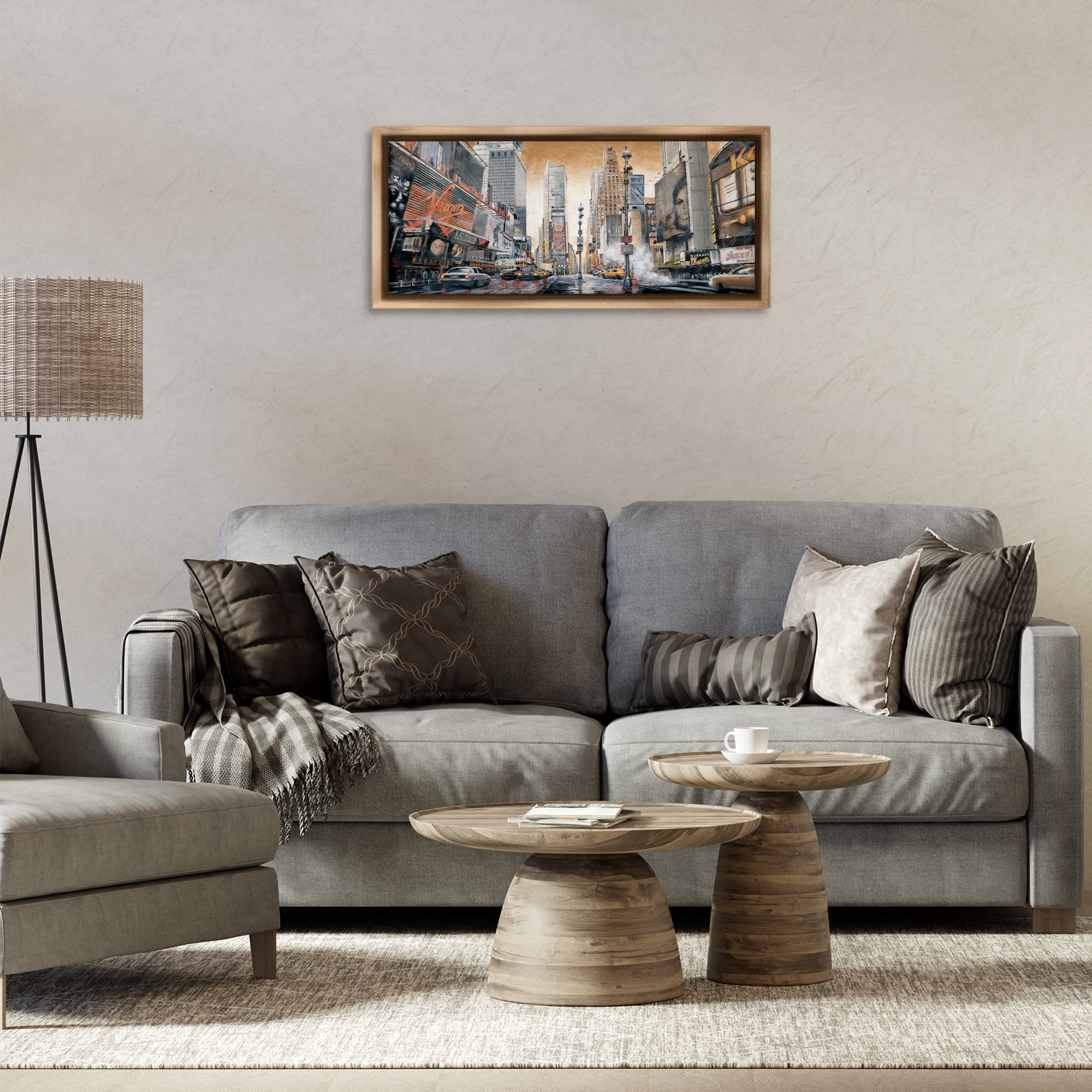Stupell Industries New York Cityscape Scenery Painting Brown Floater Framed Art Print Wall Art, 31 x 14