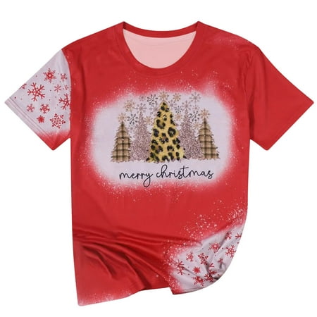 QUYUON Merry Christmas Shirts for Women,teacher christmas shirts for women plus size, Short Sleeve Crewneck Shirts Casual Tie Dye Shirts Graphic Print Cute T Shirt