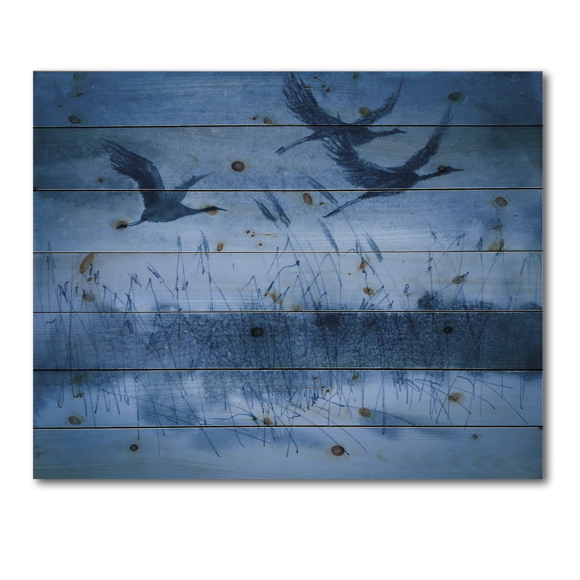 Designart 'Cranes In Flight During Blue Evening Light' Traditional Print on Natural Pine Wood