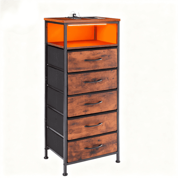 LIFERECORD LED Nightstand with Charging Station, 5 Fabric Drawers Bedside Table with USB/Type-C Ports & Outlets, Smart Storage for Small Spaces, App Controlled Color Changing Light Strip for Bedroom