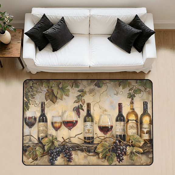 CURLYOOT Wine Themed Vintage Area Rug 3x5 Ft Rugs for Entryway Entrance Kitchen, Washable Non Slip Indoor Floor Carpet for Bedroom Living Room