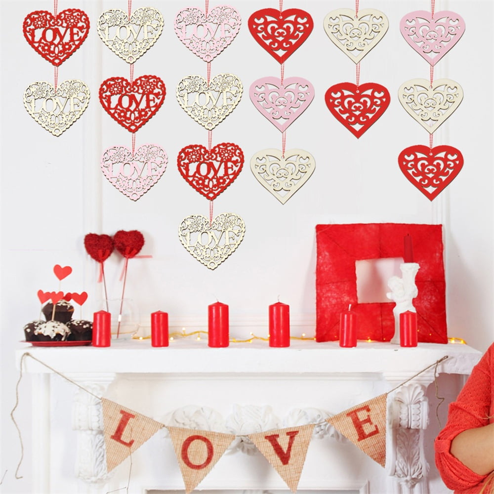 48 Pieces Heart Shaped Wooden Ornaments Valentine's Day Decorative Heart  Wood Valentines Ornaments Red and Pink Heart Ornaments Hanging Valentine