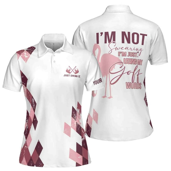 Custom Name Pink Flamingo Argyle Just Swing It Golf Women's Polo Shirt S-5XL