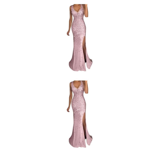 QualitChoice Robe de Soirée Tenue de Fête Vêtement Festif Col en V Longue Fente à la Boule Cocktail Fin Lavable Robe de Bal Exquise Rose G 2 Pcs