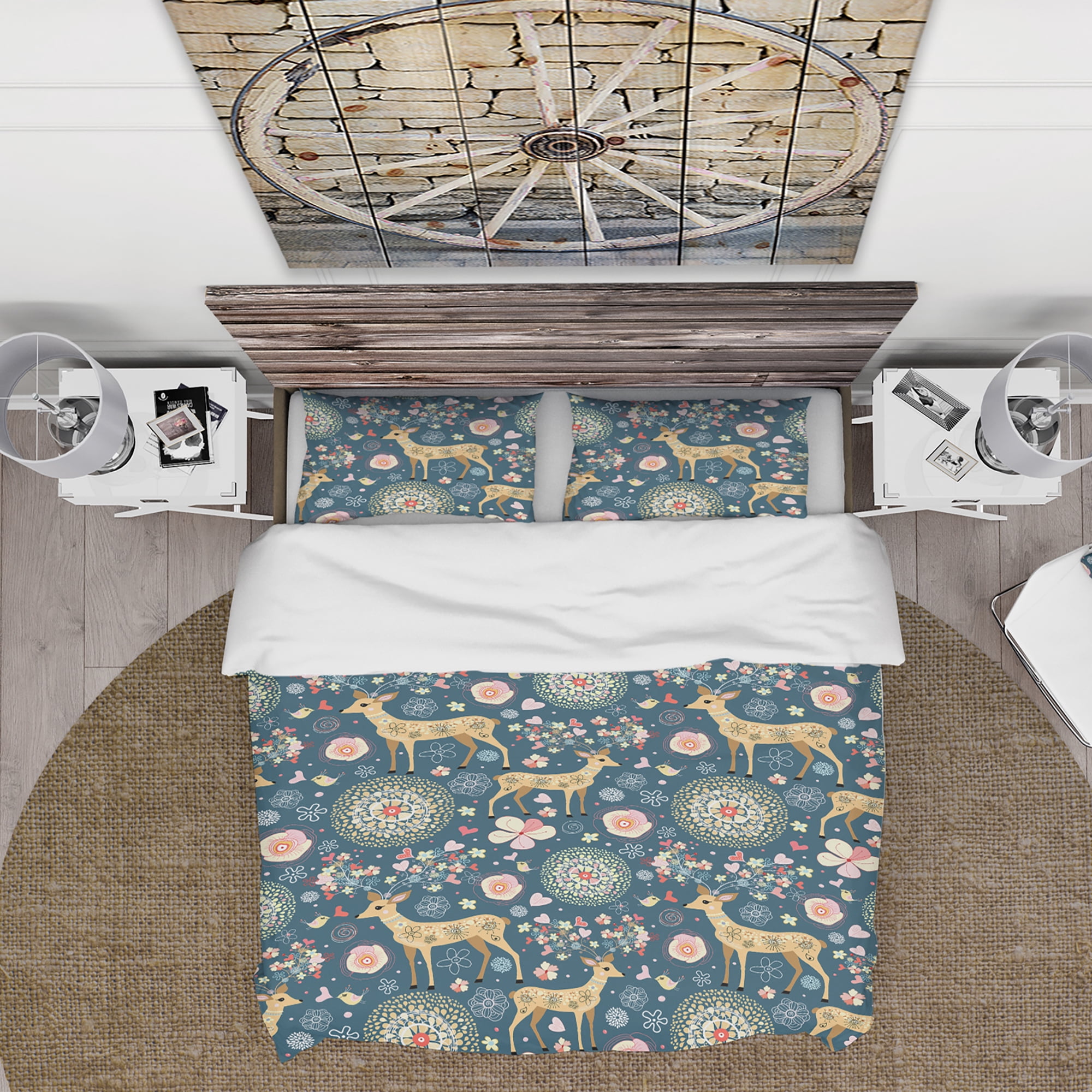 Designart 'Deer with Flowers and Hearts Antlers' Floral Duvet Cover Set