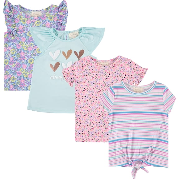 BTween Girls 4-Piece Summer Tops | Fashionable Short Sleeve T-Shirt | Casual Daily Shirt for Kids - Assorted Colors