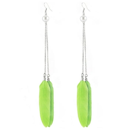 - Green Faux Feather Decor Beading Fish Hook Earrings Eardrop Pair for Woman
