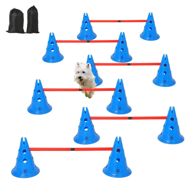 Dog Agile Hurdle Cone Set - 12 Cones & 6 Agile Rods Combo, 4-Height Adjustable Dog Training Equipment, PVC Durable Material, Stackable Design, Includes Storage Bag