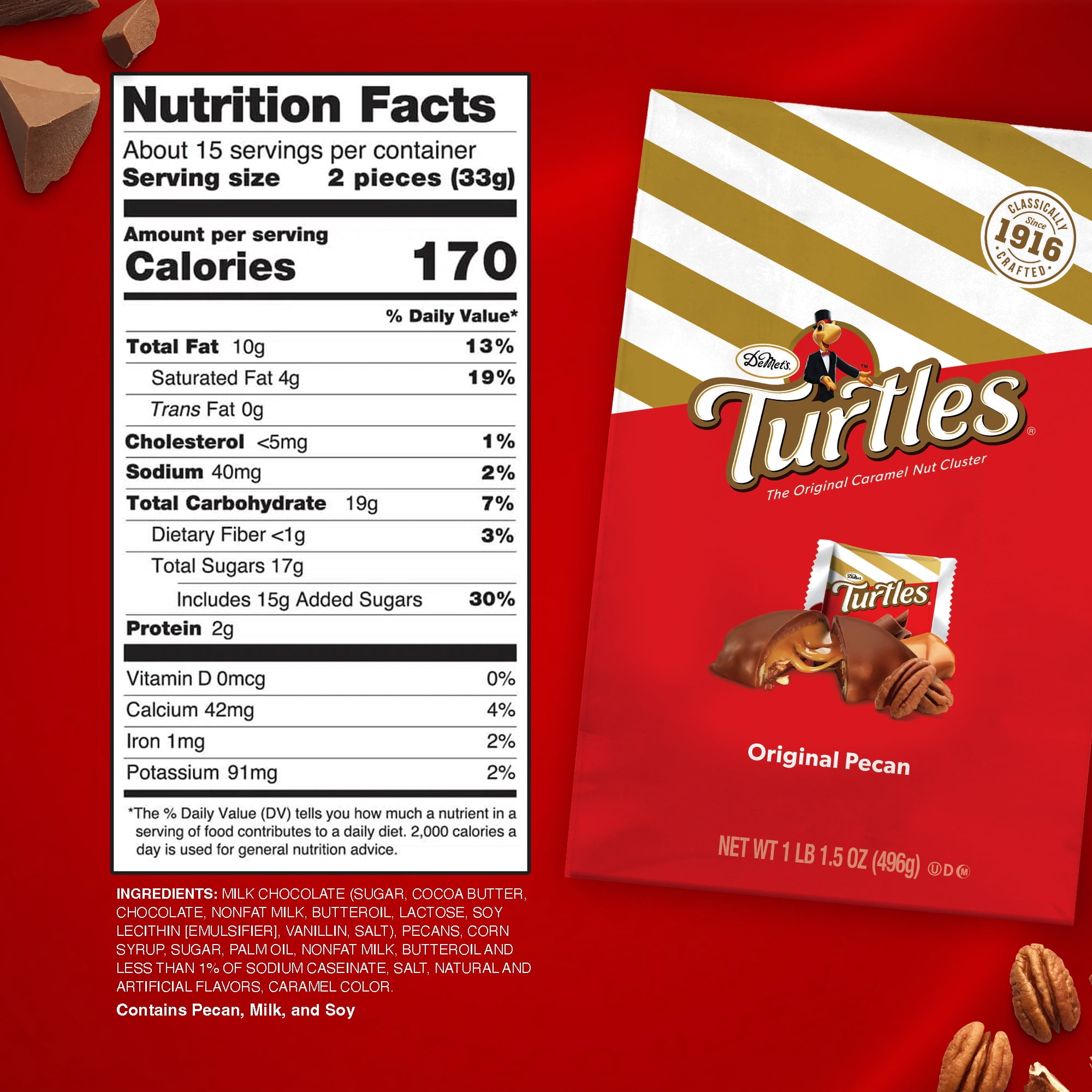 DeMet's Turtles, Original Milk Chocolate Pecan Bag, 17.5oz