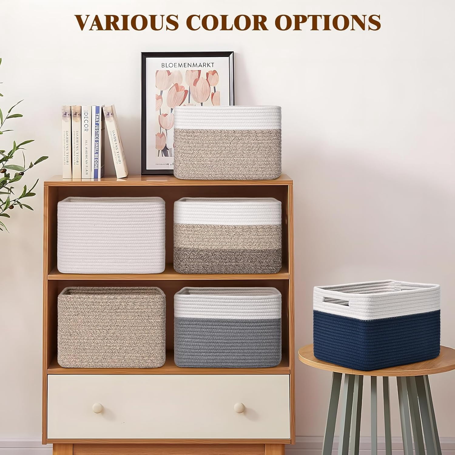 Natubeau 4 Pack Woven Storage Basket for Shelves, 13"x9"x8" Cotton Rope Woven Baskets for Organizing, Square Storage Bins with Handle, Brown & White