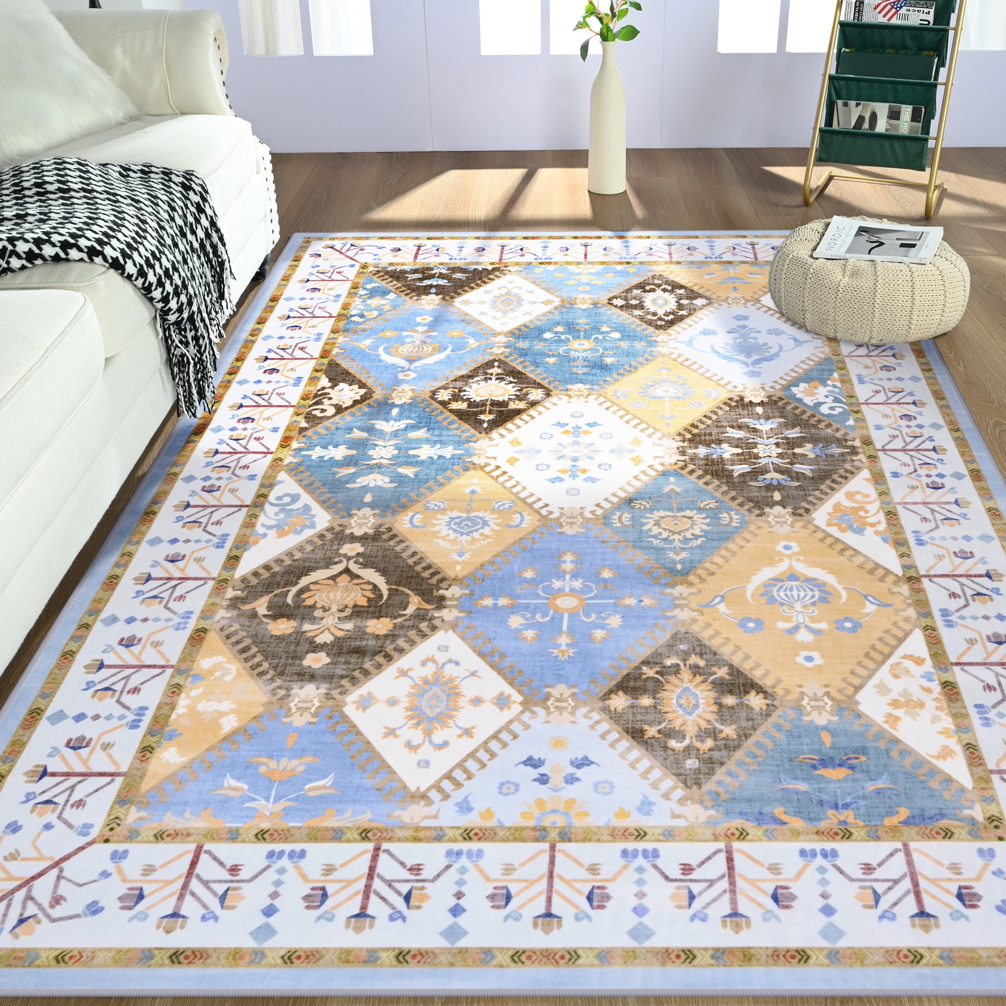 Wondo Moroccan Vintage Trellis Area Rug - Machine Washable Non-Slip Low-Profile 6x9 Floor Carpet for Living Room, Bedroom, Dining Room, Office & Nursery, Blue