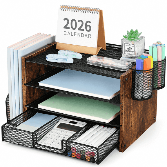 MEHOOM 4-Tier Wooden Desk Organizer Sets, Desktop File Organizer with Drawer and Pencil Holders for Office, Dorm Desktop Setup, Classroom Desk Accessories & Workspace Organizers