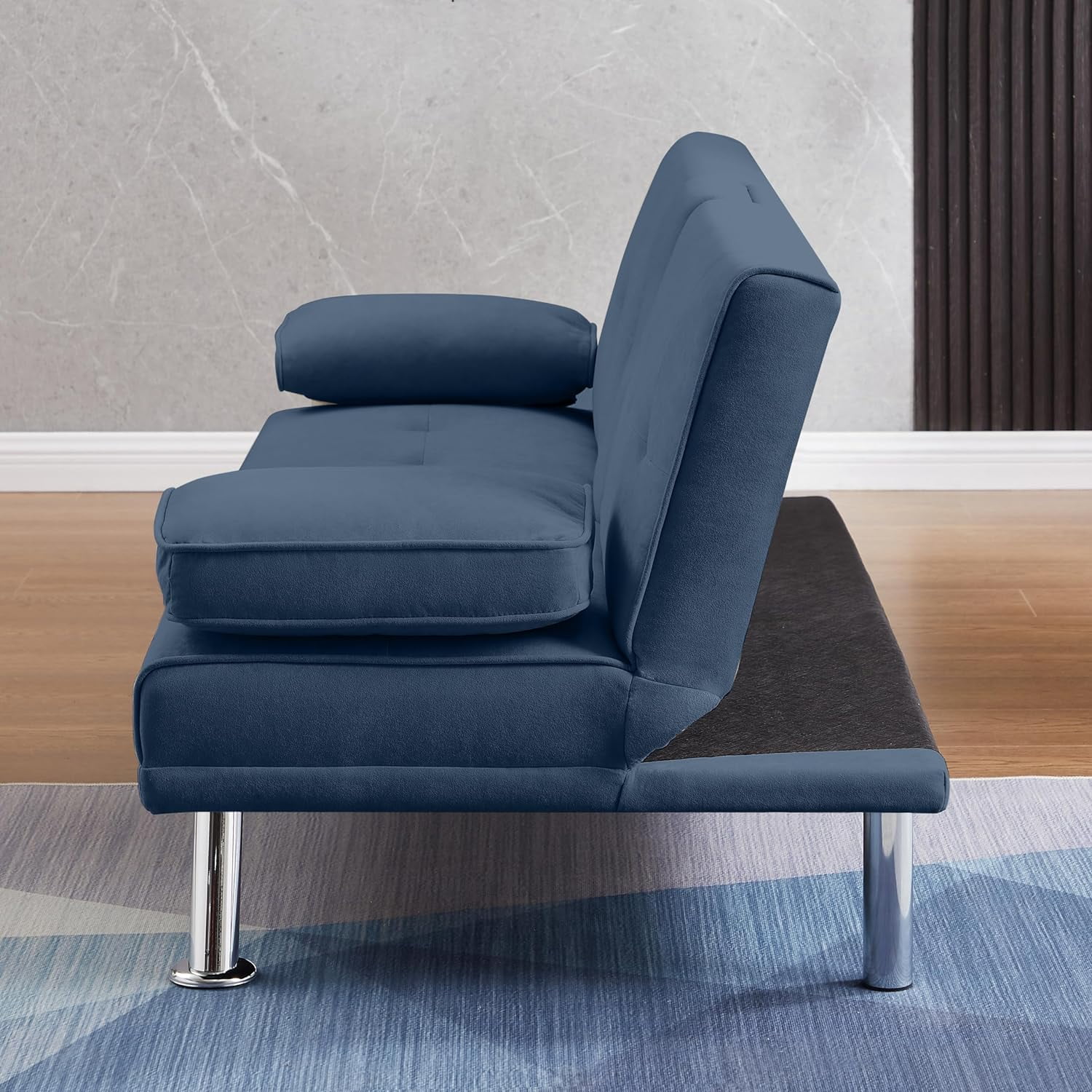 VFD Futon Sofa Bed Modern Folding Futon Set Convertible Recliner Lounge for Living Room with 2 Cup Holders, Removable Armrests (Velvet, Deep Blue)