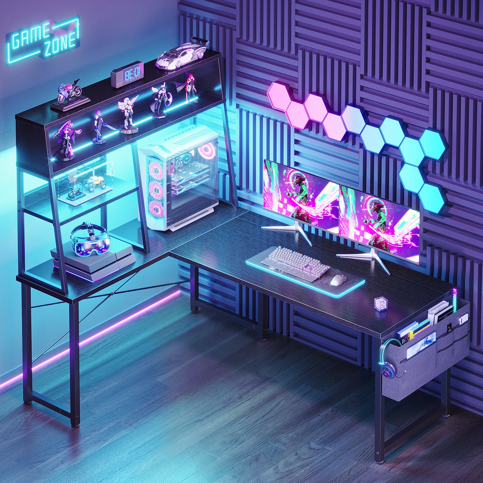 Casacomoda L Shaped Desk with Display Shelves, Gaming Desk with LED Lights, 51 Inch Reversible Computer Desk with Shelves, PC Tower, Storage Bag, Black