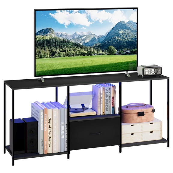 Emorefun Modern TV Stand, 46.1" Entertainment Center with LED & Storage Shelves, Black