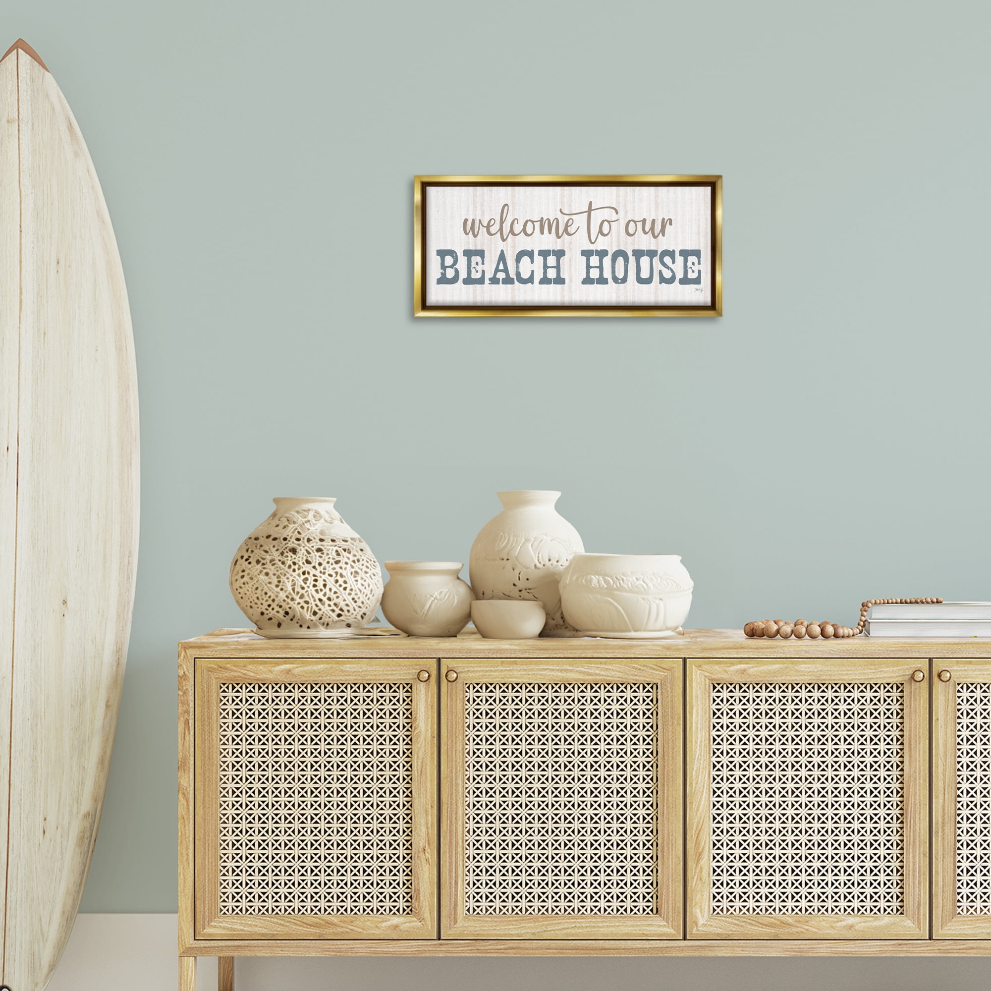 Stupell Industries Welcome Beach House Typography Painting Gold Floater Framed Canvas Art Print Wall Art, 25 x 11
