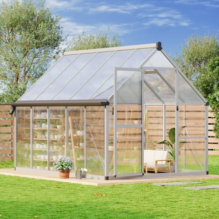 Polycarbonate Walk-in Greenhouse with Aluminum Frame, Lockable Door and Adjustable Roof Vent, Green Houses for Outside Garden 8*10FT Silver