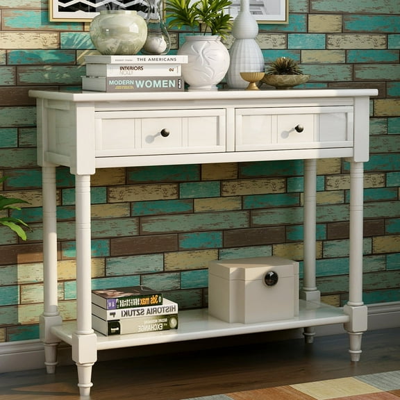 Vintage White 2 Drawer Storage Console Table, Entryway Table with Storage Shelves, Small Sofa Table for Living Room, Couch, Hallway, Foyer, Kitchen Counter