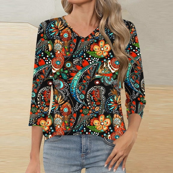 Jsaierl 3/4 Sleeve Tops for Women Summer Crew Neck Shirts Trendy Graphic Ladies Blouses Workout Cotton Tunic Top S-3XL