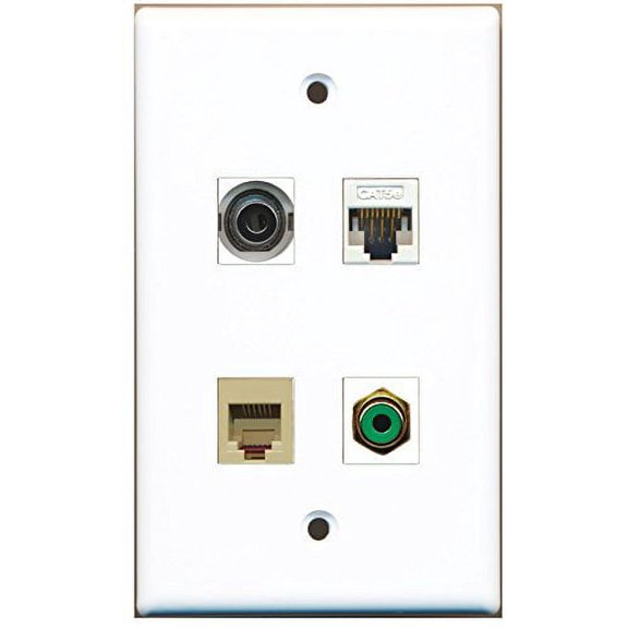 RiteAV - 1 Port RCA Green 1 Port Phone RJ11 RJ12 Beige 1 Port 3.5mm 1 Port Cat5e Ethernet White Wall Plate