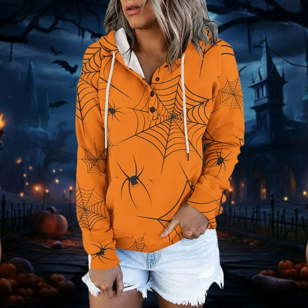 zanvin Womens Long Sleeve Drawstring Hooded Sweatshirt, Halloween Print  Loose Pocketed Shirt Hoodie for Women,Orange,M 