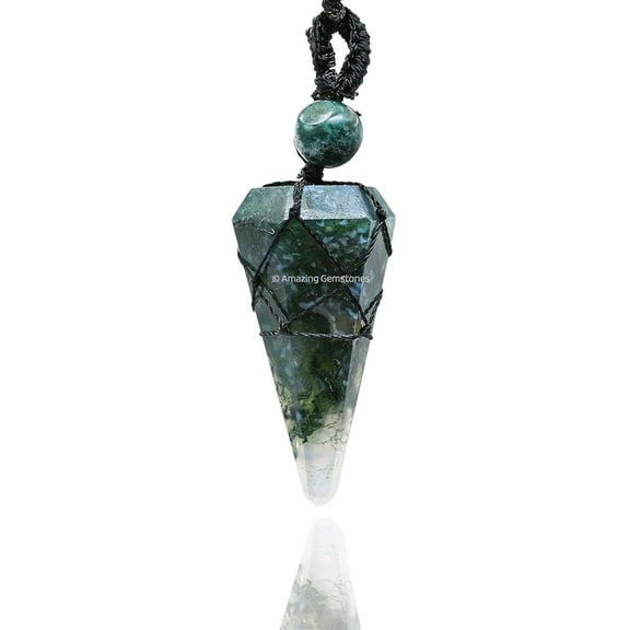 Moss Agate Crystal Stone Holder Necklace Pendulum, Unique Women Men Necklace (Black Macrame)