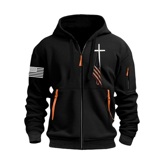 GIPQJK Hoodies for Men Full Zip Fleece Lined Tactical American Flag Print Outdoor Sweatshirts Casual Loose Soild Hooded Jackets Zip Up Sports Hooded Jacket with Pockets,Black 3XL