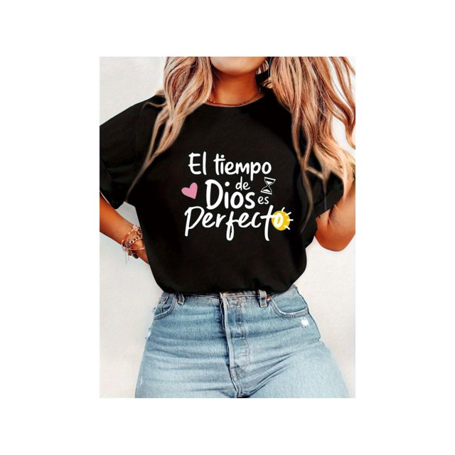 Cotton Short Sleeve T-Shirt'S Black T-Shirt - "el Tiempo De Dios es Perfecto" inspirational Quote, Faith-Based Design with Heart & Sun Graphics - Soft Polyester Fabric, Casual Short Sleeve Round