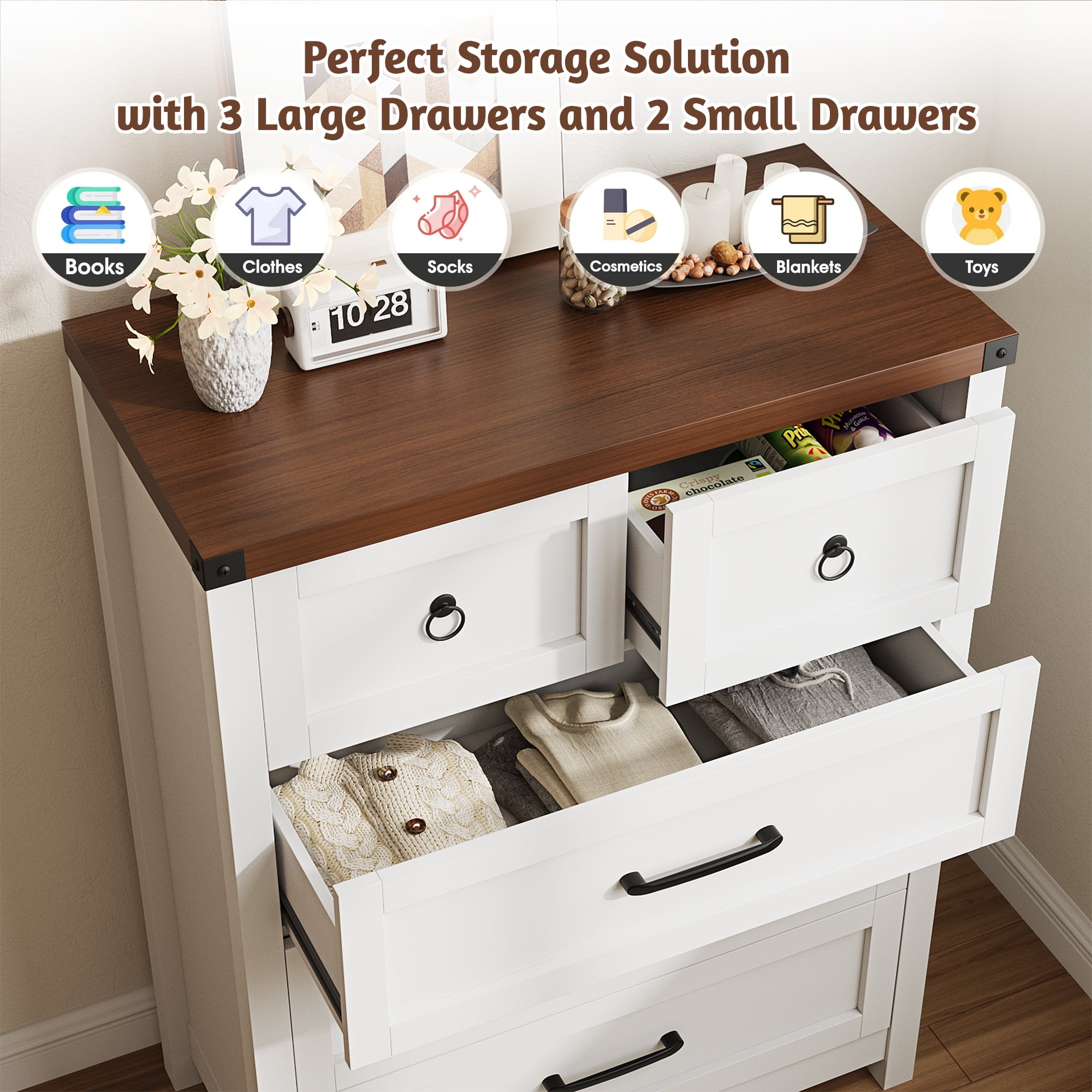 Conate 5 Drawer Dresser for Bedroom, Farmhouse 41.3" Tall Chest of Dresser with Large Storage, Wood Storage Dresser and Organizer for Living Room, Hallway, Closet