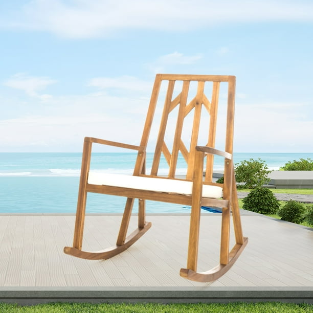 Outdoor Rocking Chair Acacia High Back All Weather Lounge Rocker for Patio Garden Deck Porch Brown