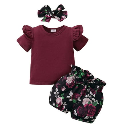 

WESIDOM 3-piece toddler girl clothes solid color short-sleeved ruffled top + floral pants + floral headband suitable for 12-18M 18-24M 2-3Y 3-4Y 4-5Y
