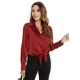 thumbnail image 2 of Needbo Women's Blouse Satin Silk Long Sleeve Button Down Shirts with Pocket Casual Work Office Top, Wine Red XS-3XL, 2 of 8
