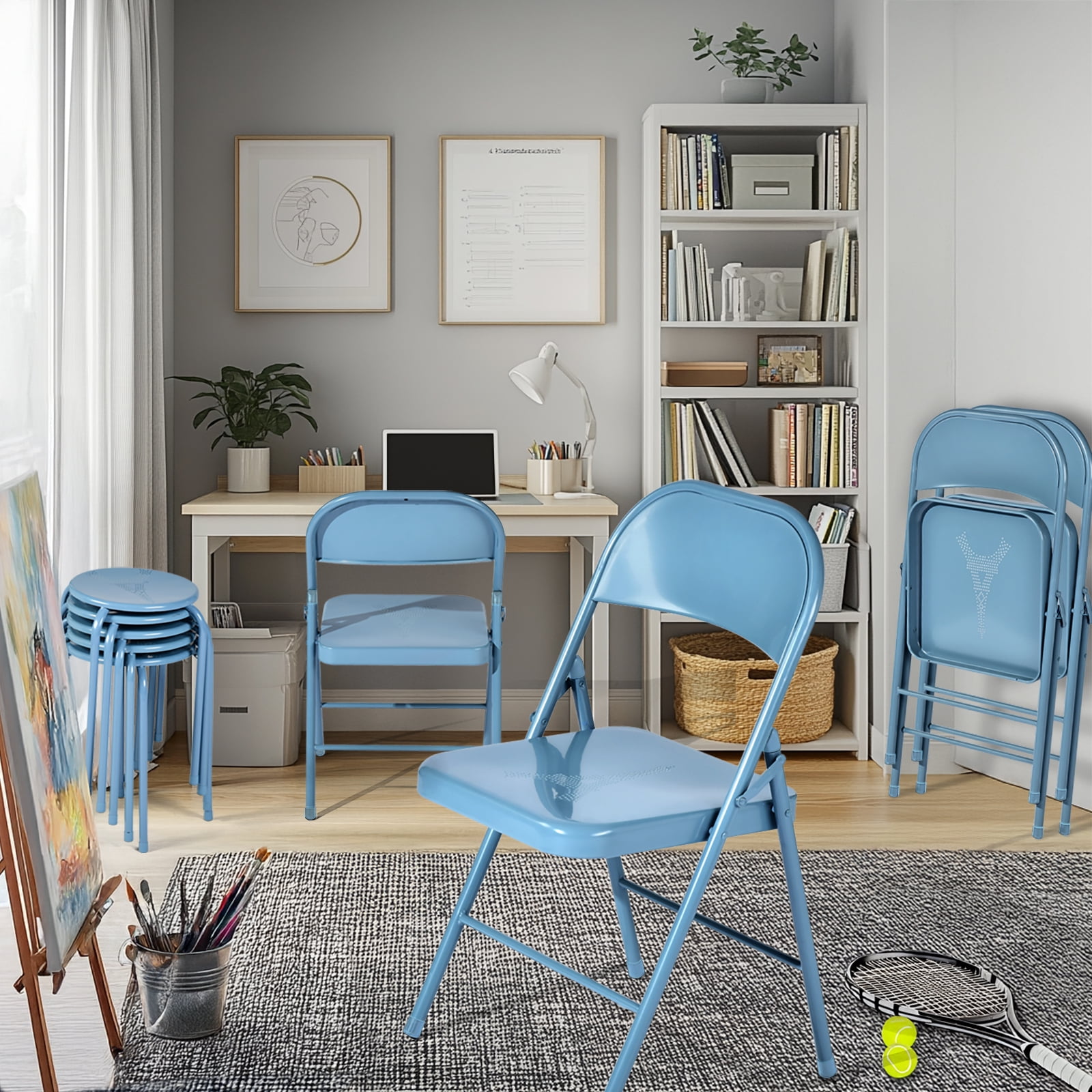 Homy Casa Metal Folding Chairs 4 Pack Portable for Wedding Party Picnic Home Office Pale Blue