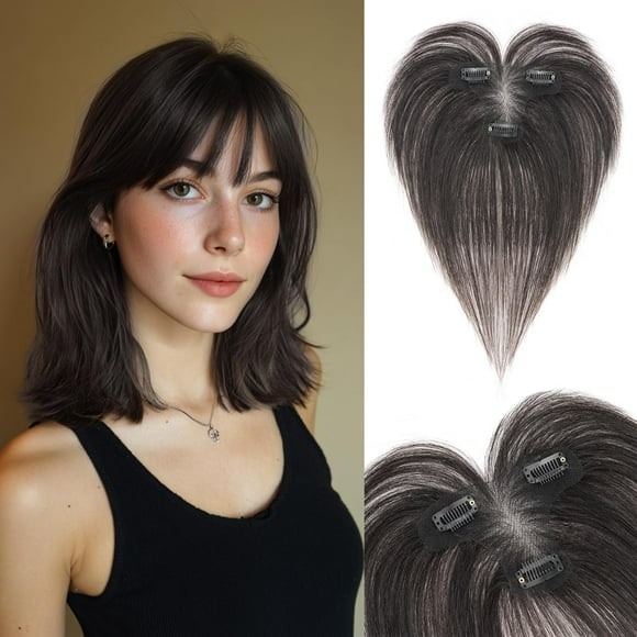S-noilite Clip in Air Bangs Hair Topper Human Hair Bangs Clip for Women, T-part Lace Base Real Hair Topper Hair Piece for Daily Wear(Air Bangs,Natural Blac