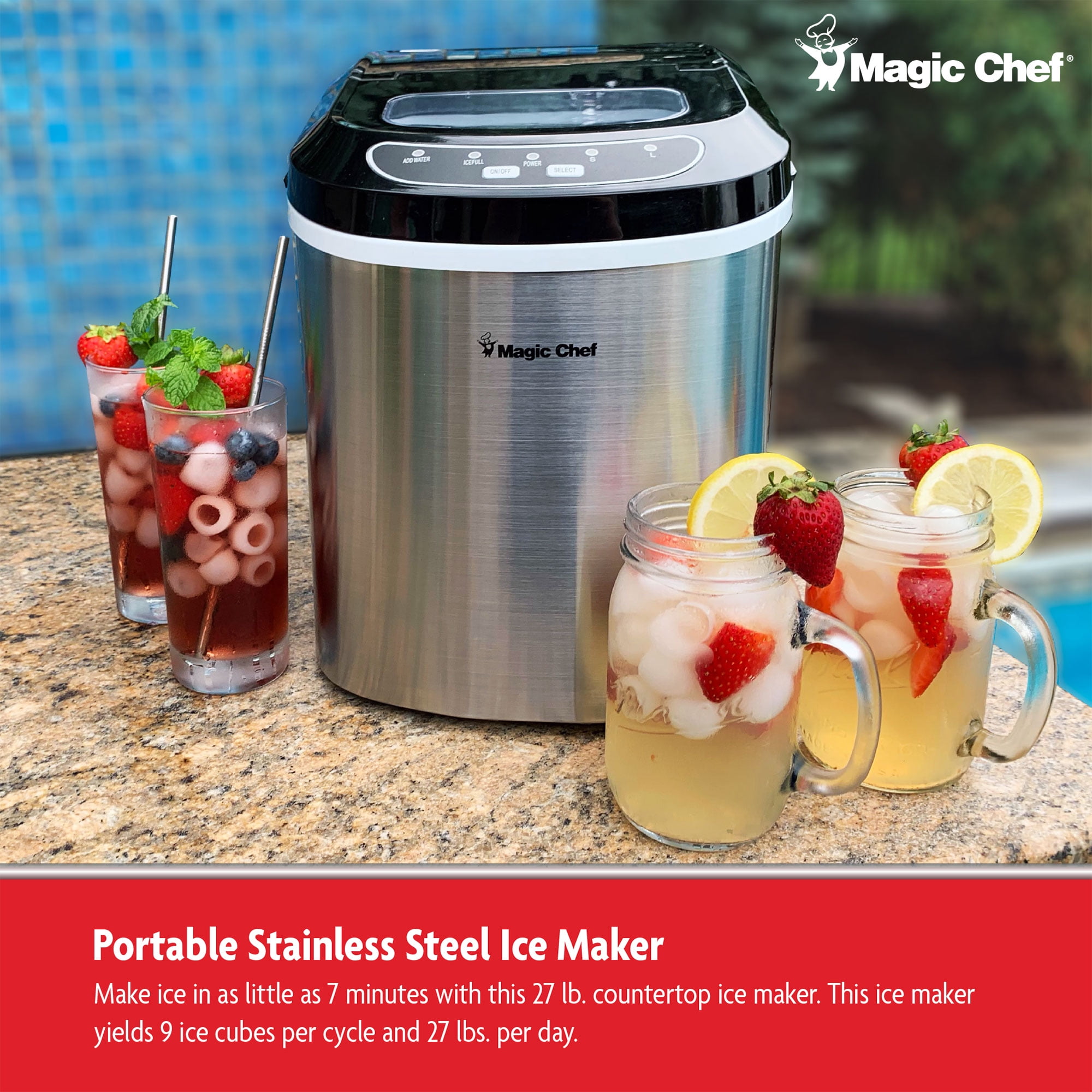 Magic Chef 27lbs Portable Countertop Ice Maker Stainless Steel 696601824345