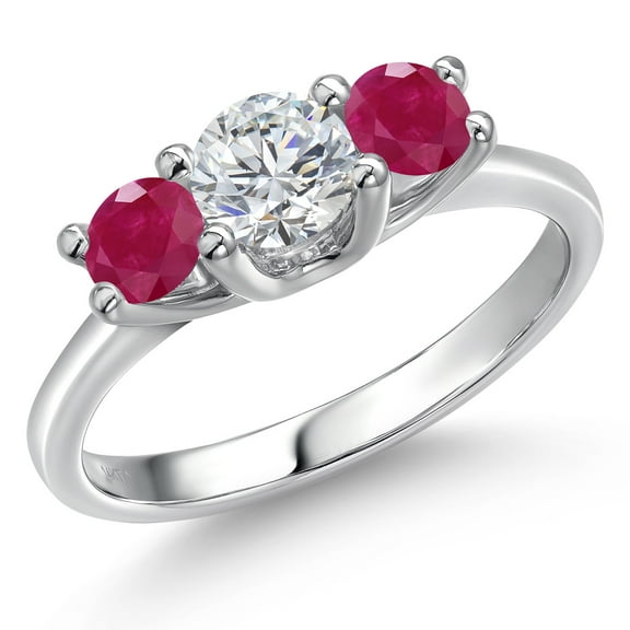 Gem Stone King 14K White Gold White Lab Grown Diamond & Red Ruby 3-Stone Engagement Ring | 1.20 Cttw | Round 5MM and 4MM | Three Stone Wedding Anniversary Promise Ring for Women (Size 8)