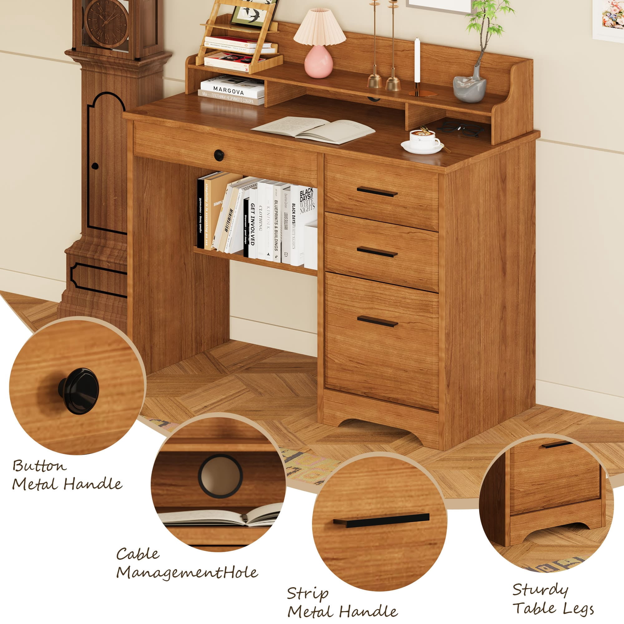4 EVER WINNER Computer Desk with Drawers & Monitor Stand for Small Spaces, Wood Home Office Desk with File Cabinet, Writing Study Table for Bedroom Home Office, Brown