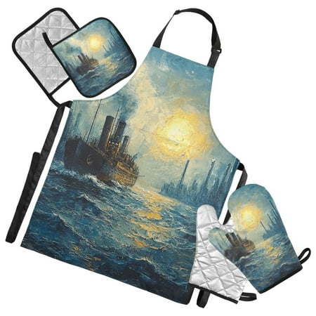Steamship Sailing on Sea 5 Pcs Kitchen Set Heat Resistant Oven Mitts and Non-Slip Pot Holders with Adjustable Cooking Apron