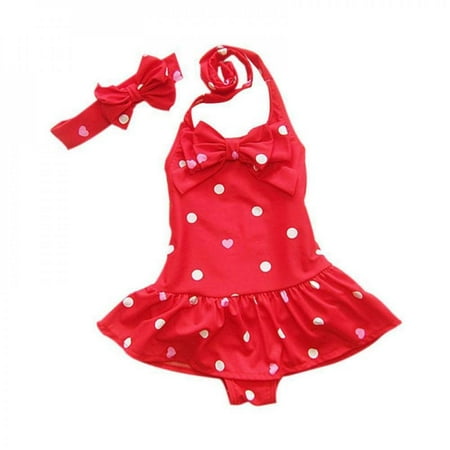 

Bathing Children s Swimsuit With Headband Dots Printed Baby Girl Swimwear Beach Clothes One-piece Swimsuits RZ